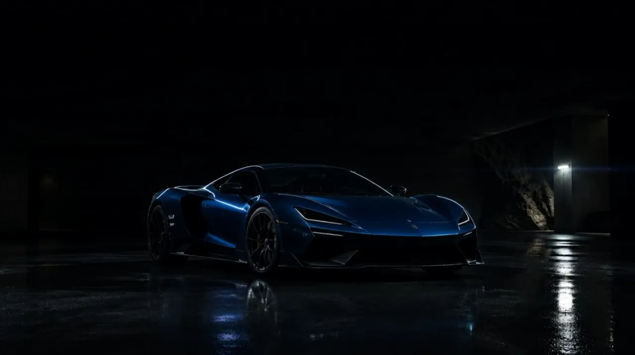 Azurblauer V12-Supersportwagen in einer dunklen Garage